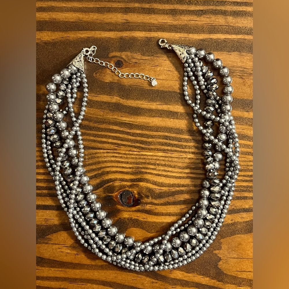 Grey Pearl and Beaded Necklace multiple strands and sizes faux pearls and beads